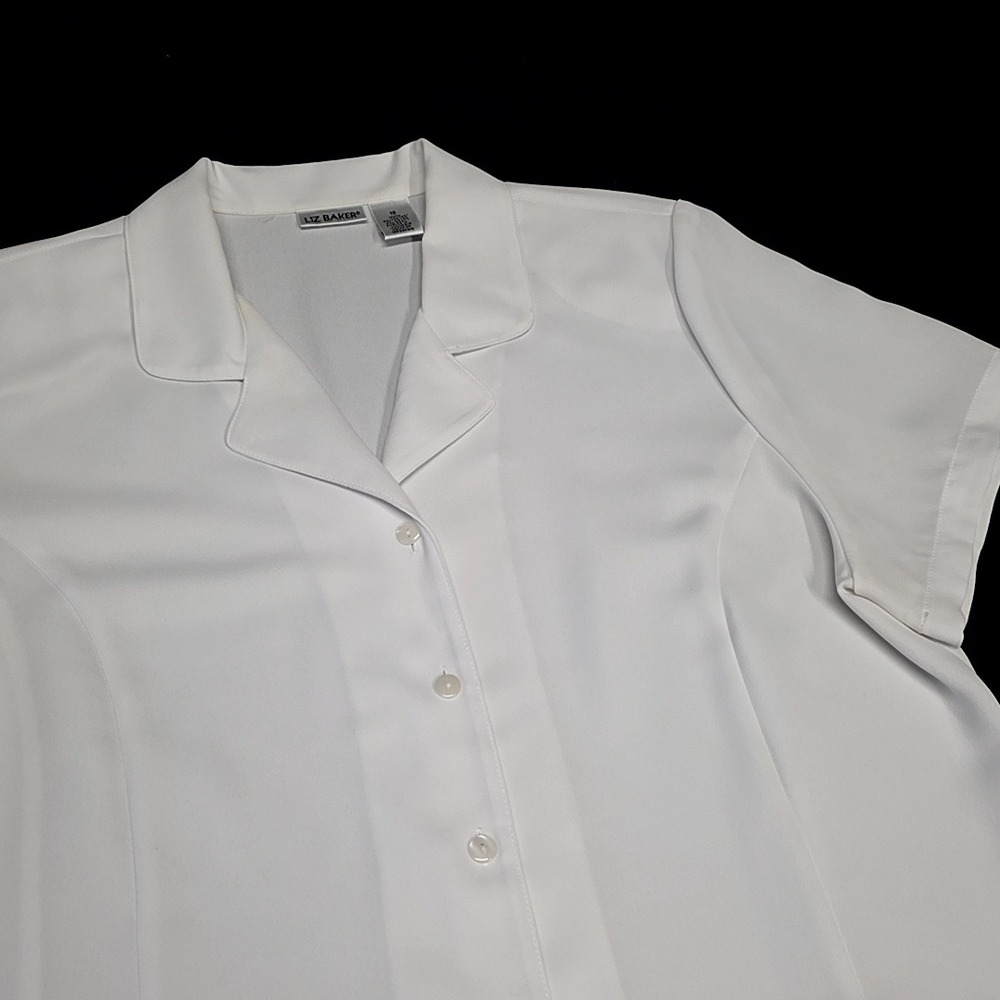 Vintage Liz Baker Button Down Blouse Womens 18 White Short Sleeve Camp Collar